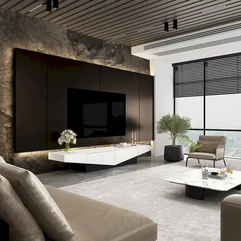 Meuble TV, Meuble multimédia noir et blanc avec 2 tiroirs - 78,7W