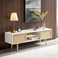 55.12 Meuble TV en rotin, doubles portes coulissantes pour rangement, étagère réglable, pieds en bois massif, console TV