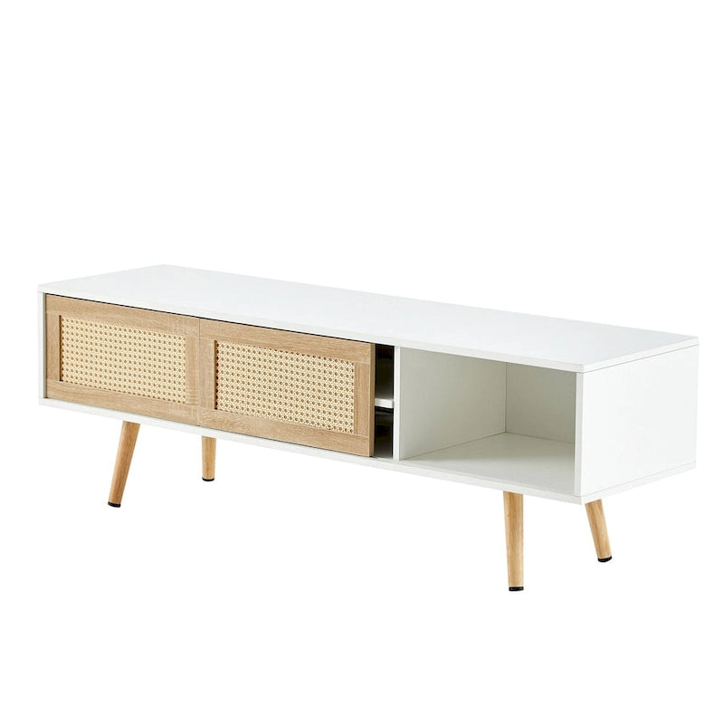 55.12 Meuble TV en rotin, doubles portes coulissantes pour rangement, étagère réglable, pieds en bois massif, console TV