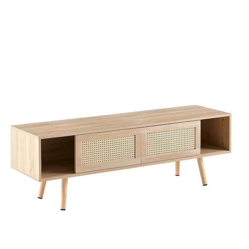 55.12 Meuble TV en rotin, doubles portes coulissantes pour rangement, étagère réglable, pieds en bois massif, console TV