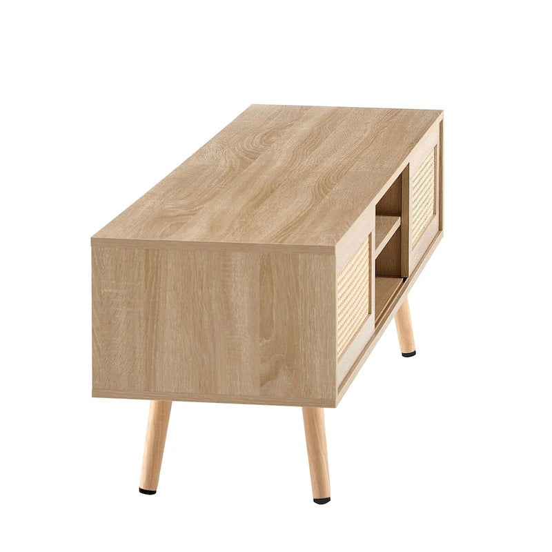 55.12 Meuble TV en rotin, doubles portes coulissantes pour rangement, étagère réglable, pieds en bois massif, console TV