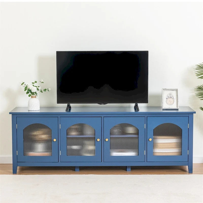 Meuble TV 71 po avec cadre en bois massif, porte en verre Changhong, poignée en métal