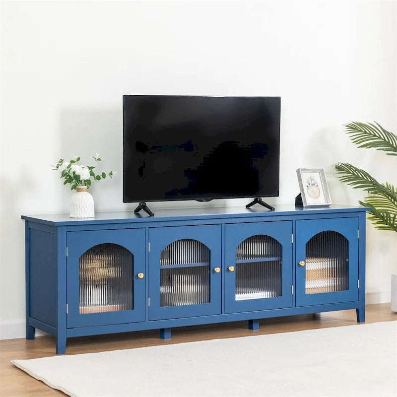 Meuble TV 71 po avec cadre en bois massif, porte en verre Changhong, poignée en métal