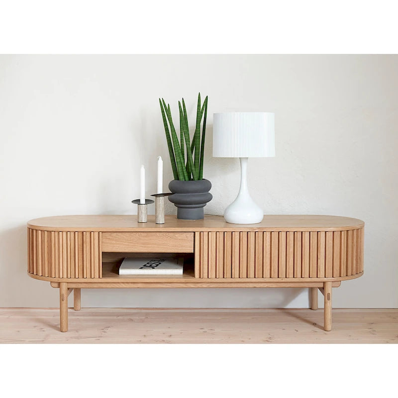 Meuble TV bas coulissant arrondi Rye Studio Mid-Century Modern, 63W, naturel - 18W x 63L x 19H