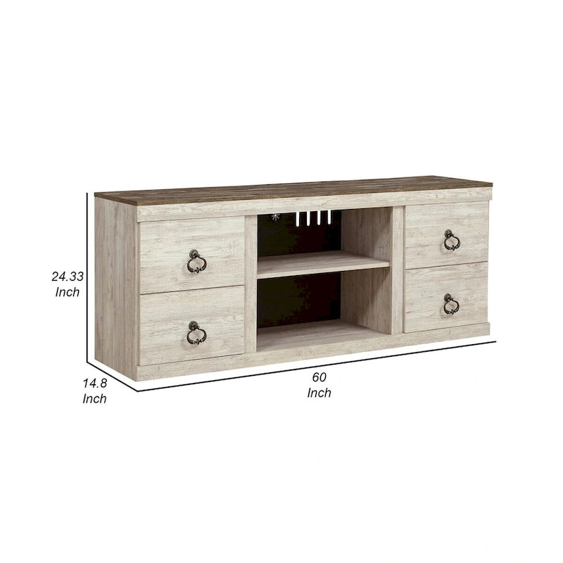 Meuble TV rustique de 60 pouces, poignées rondes, bois, blanc
