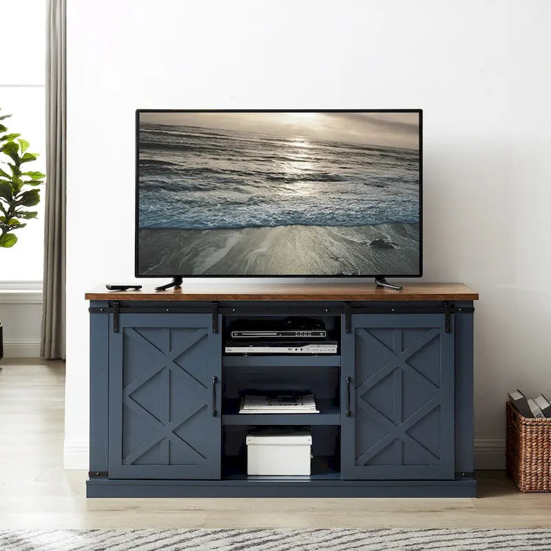 Meuble TV de 58 po de style rustique avec portes coulissantes – Convient aux téléviseurs jusqu'à 65 po – 58 po de largeur