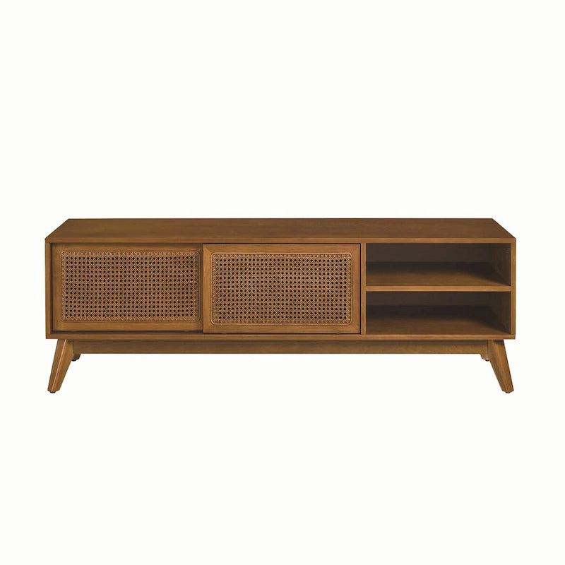Meuble TV en rotin de 150 cm pour téléviseur de 65 pouces, meuble de divertissement, console multimédia, pieds en bois massif et portes d'armoire en rotin - Bois clair