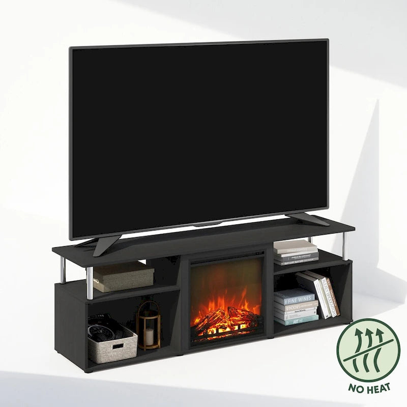 Meuble TV Furinno Jensen avec cheminée électrique décorative sans chauffage et rangement ouvert, pour téléviseurs jusqu'à 70 pouces