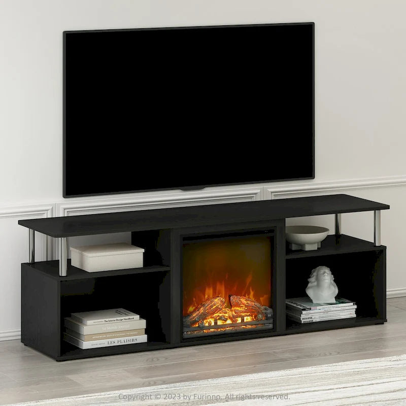 Meuble TV Furinno Jensen avec cheminée électrique décorative sans chauffage et rangement ouvert, pour téléviseurs jusqu'à 70 pouces