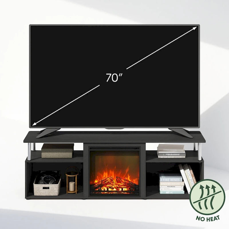Meuble TV Furinno Jensen avec cheminée électrique décorative sans chauffage et rangement ouvert, pour téléviseurs jusqu'à 70 pouces