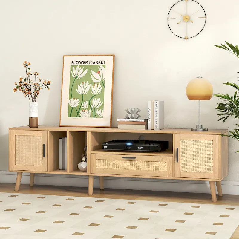 Meuble TV pour téléviseurs jusqu'à 80 pouces avec pieds en bois massif et grand espace de rangement