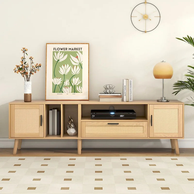 Meuble TV pour téléviseurs jusqu'à 80 pouces avec pieds en bois massif et grand espace de rangement