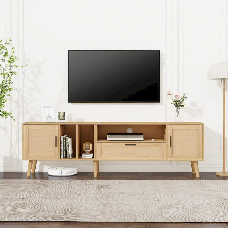 Meuble TV pour téléviseurs jusqu'à 80 pouces avec pieds en bois massif et grand espace de rangement