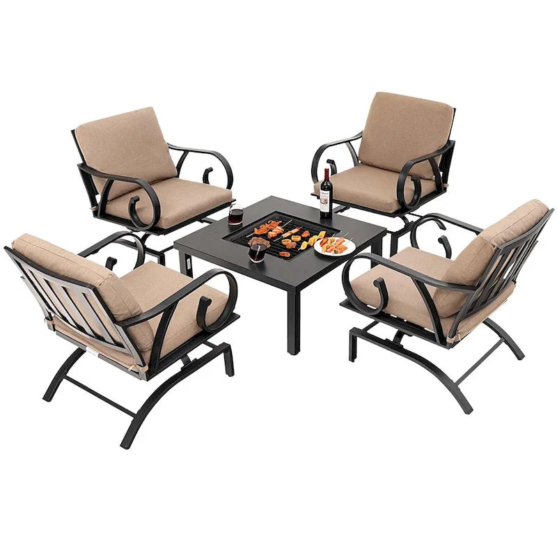 Ensemble de salle à manger d'extérieur 5 pièces chaises berçantes robustes avec table brasero