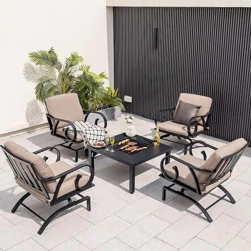 5 PCS Patio Dining Set Heavy-Duty Rocking Chairs w/ Fire Pit Table