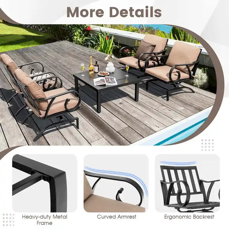 Ensemble de salle à manger d'extérieur 5 pièces chaises berçantes robustes avec table brasero