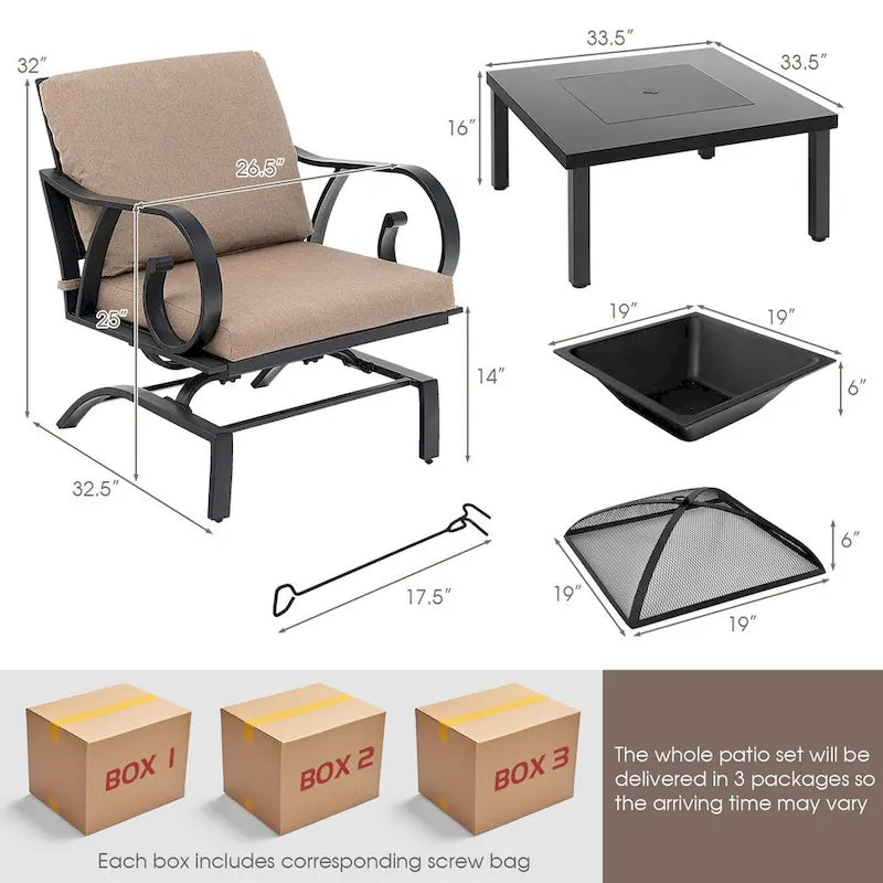 Ensemble de salle à manger d'extérieur 5 pièces chaises berçantes robustes avec table brasero