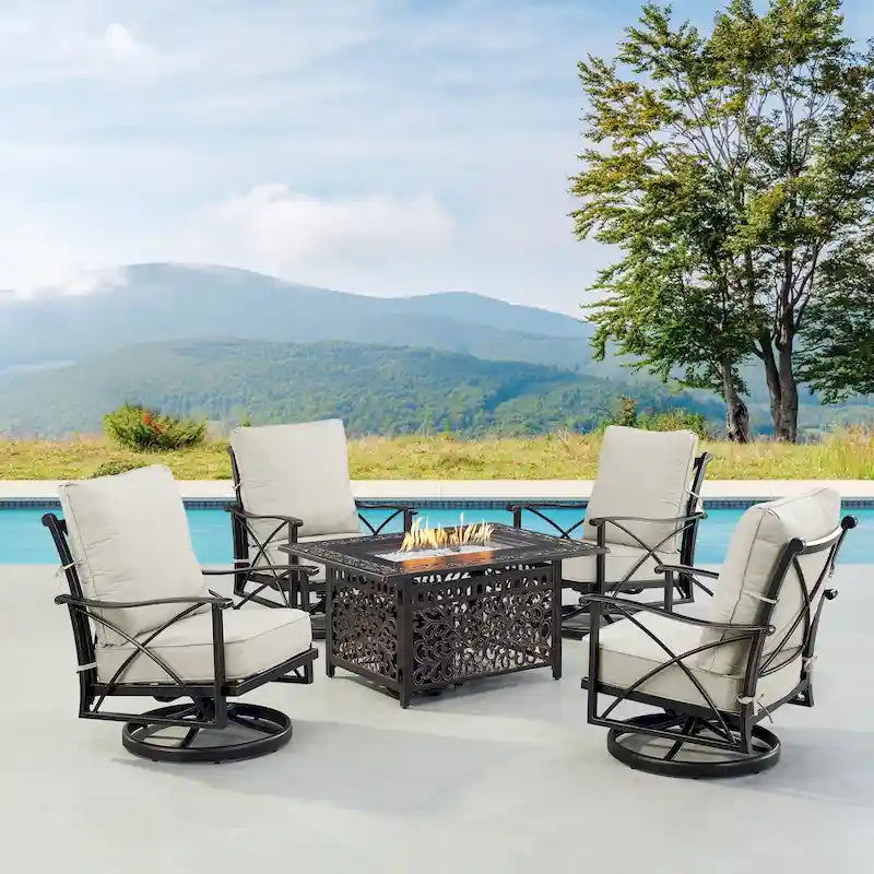 Ensemble table brasero en aluminium noir avec quatre fauteuils de club