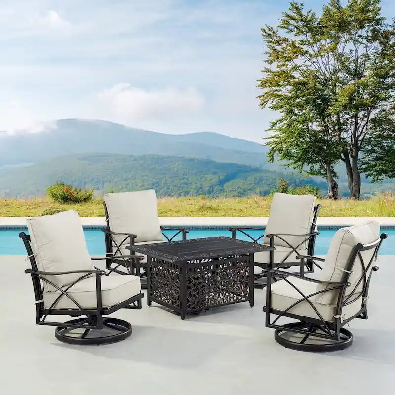Ensemble table brasero en aluminium noir avec quatre fauteuils de club