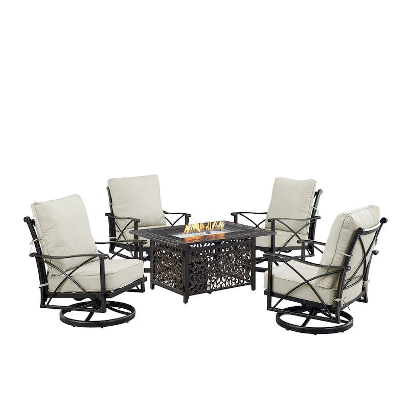Ensemble table brasero en aluminium noir avec quatre fauteuils de club