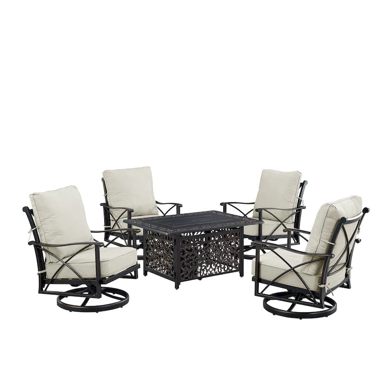 Ensemble table brasero en aluminium noir avec quatre fauteuils de club
