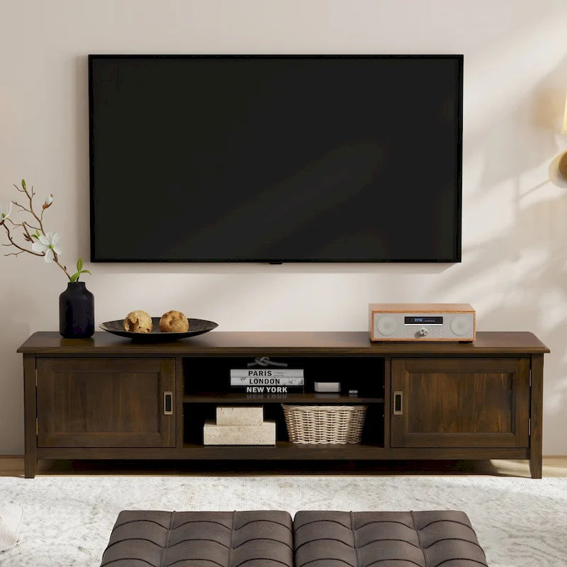 Meuble TV/multimédia de transition en bois massif 72 po WYNDENHALL Portland brun acajou Pour téléviseurs jusqu'à 80 po - 17 P x 72 L x 20 H
