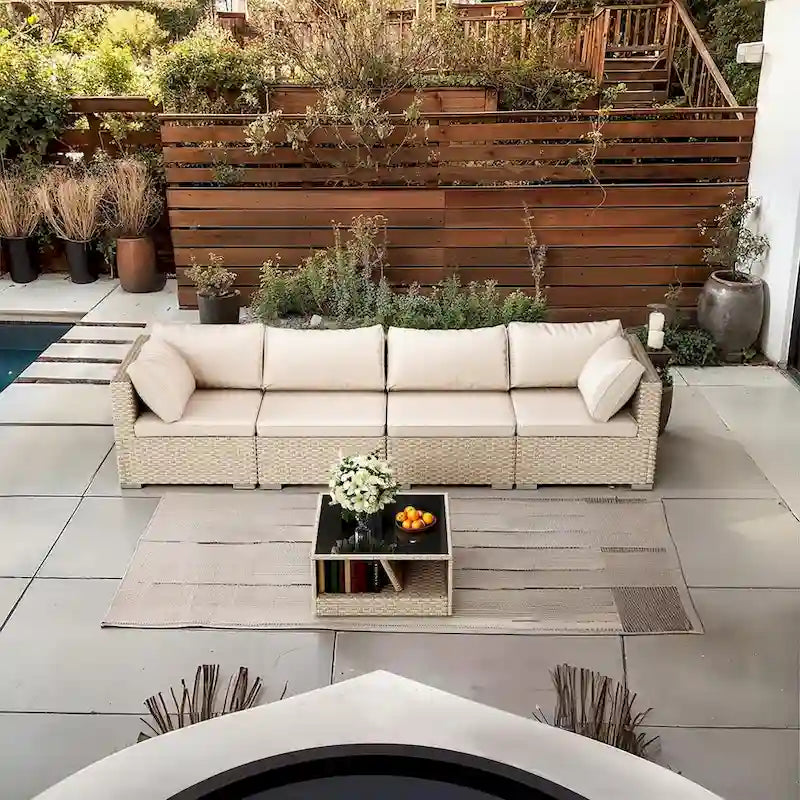 5-Piece Patio Furniture Set, All-Weather Boho Outdoor Conversation Set Sectional Sofa with Water Resistant Thick Cushions