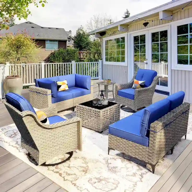 OVIOS Ensemble de 8 chaises pivotantes d'extérieur en osier avec table basse à énergie solaire