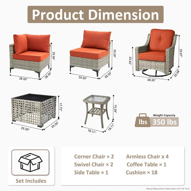 OVIOS Ensemble de Chaises Pivotantes d'Extérieur en Osier 10 Pièces avec Table Basse Solaire