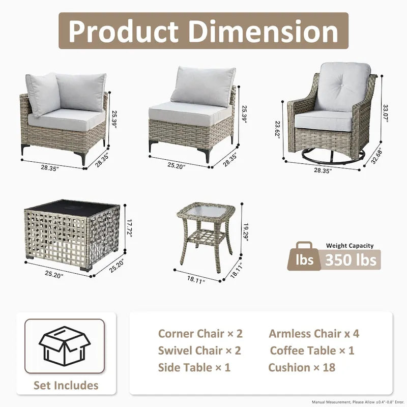 OVIOS Ensemble de Chaises Pivotantes d'Extérieur en Osier 10 Pièces avec Table Basse Solaire