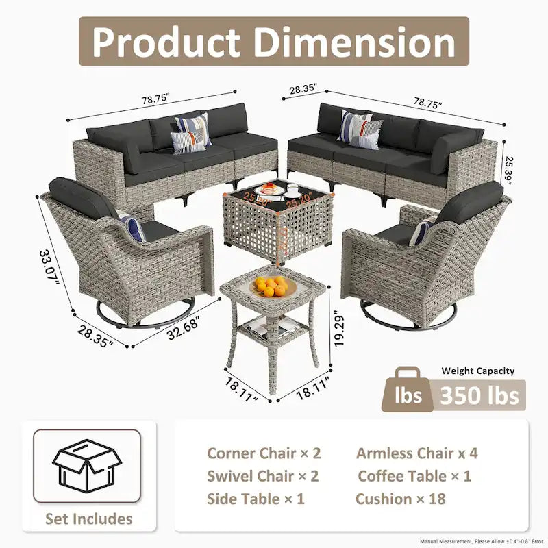 OVIOS Ensemble de Chaises Pivotantes d'Extérieur en Osier 10 Pièces avec Table Basse Solaire