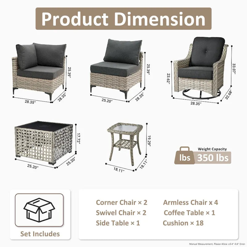 OVIOS Ensemble de Chaises Pivotantes d'Extérieur en Osier 10 Pièces avec Table Basse Solaire