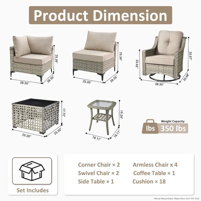 OVIOS Ensemble de Chaises Pivotantes d'Extérieur en Osier 10 Pièces avec Table Basse Solaire