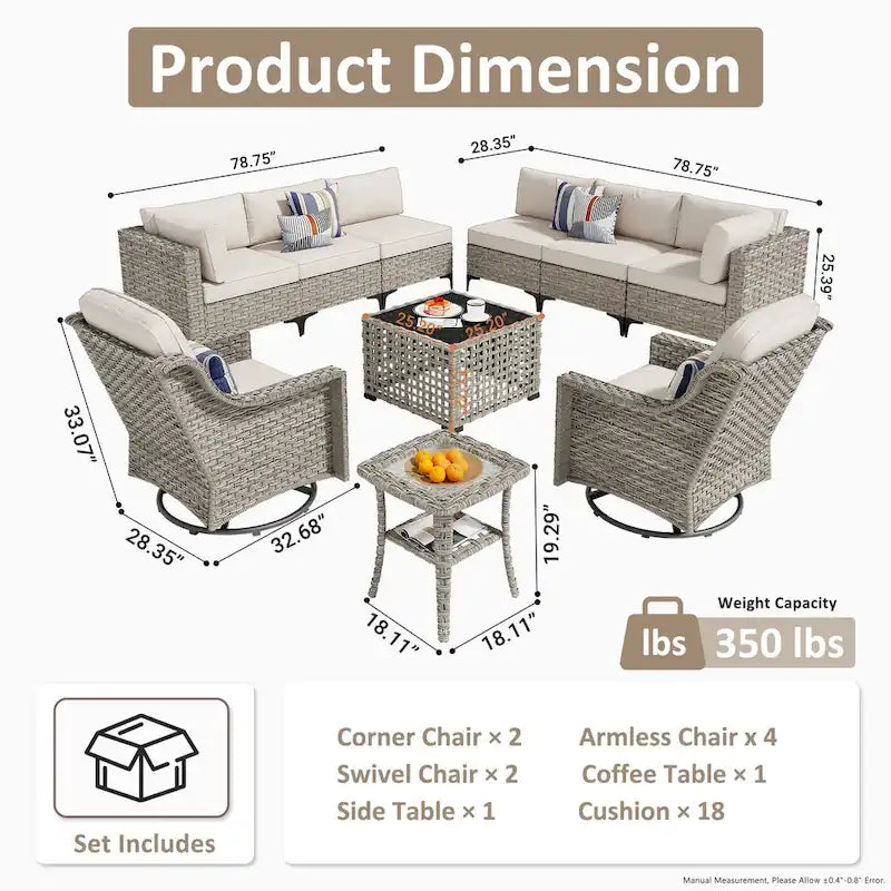 OVIOS Ensemble de Chaises Pivotantes d'Extérieur en Osier 10 Pièces avec Table Basse Solaire