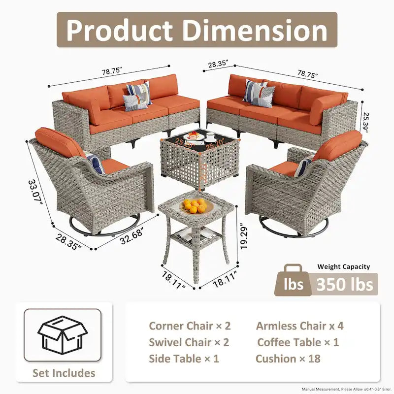 OVIOS Ensemble de Chaises Pivotantes d'Extérieur en Osier 10 Pièces avec Table Basse Solaire