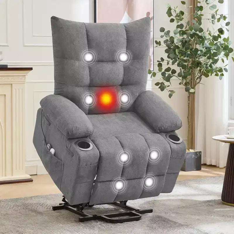 Fauteuil inclinable releveur électrique pour personnes âgées avec fonctions massage et chauffage, inclinable surdimensionné avec fonctions massage et chauffage, revêtement doux et rembourré, poche latérale et porte-gobelets