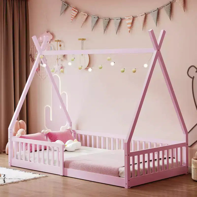 Lit de sol pour enfants, lits cabane doubles, lit de sol Montessori avec lattes et barrières de protection, cadre de lit cabane en bois pour garçons et filles