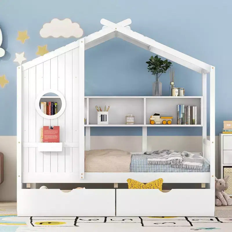 Lit cabane en bois double/complet avec 2 tiroirs, lit pour enfants avec étagère de rangement - ModernLuxe