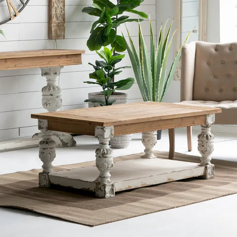 Table basse rectangulaire en bois blanc vieilli