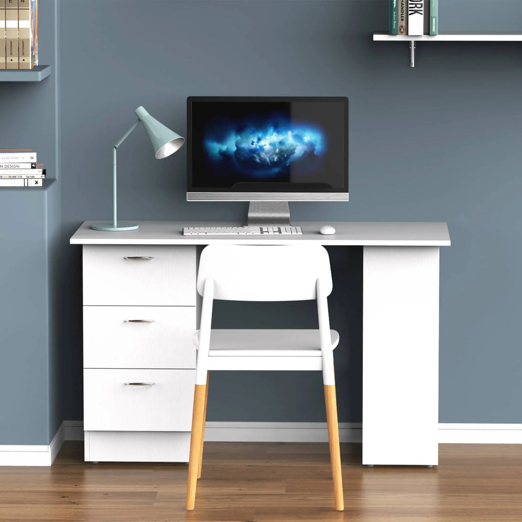 HOMCOM Bureau d'ordinateur moderne 47" pour la maison et le bureau, combo bibliothèque, table d'écriture, poste de travail avec 3 tiroirs et étagère de rangement - Blanc