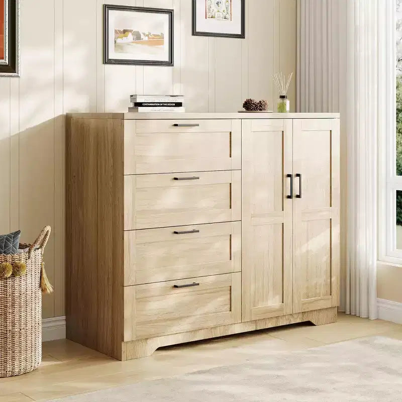 Armoire de chambre en bois de 110 cm (43,3 po) avec 4 tiroirs et tringle à vêtements, commode de rangement multifonctionnelle pour vêtements