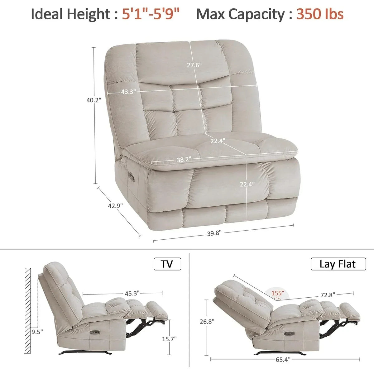 MCombo Fauteuil inclinable électrique sans accoudoirs surdimensionné à double moteur, inclinable Zeroarms parfait pour le salon en tissu PR607