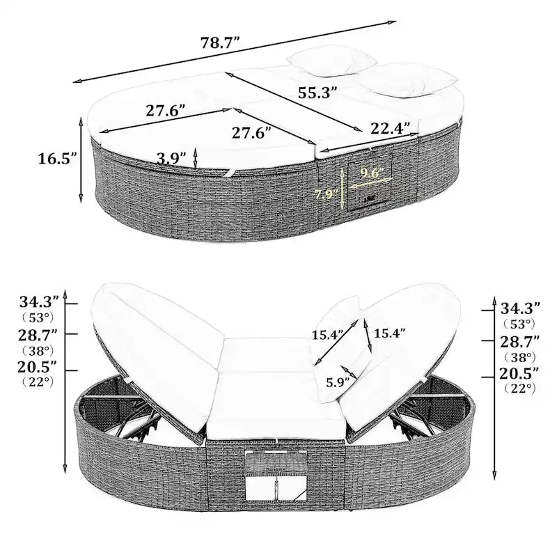 Lit de soleil extérieur double pour terrasse avec coussins et oreillers