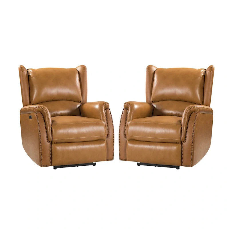 Fauteuil inclinable électrique en cuir véritable avec port USB – Ensemble de 2 fauteuils à oreilles cloutés