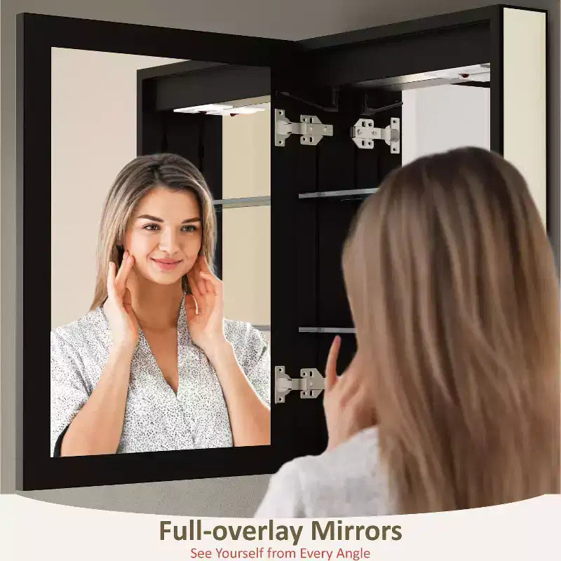 Armoire de toilette avec miroir LED, montage en saillie ou encastré, lumière dimmable, anti-buée, étagères réglables