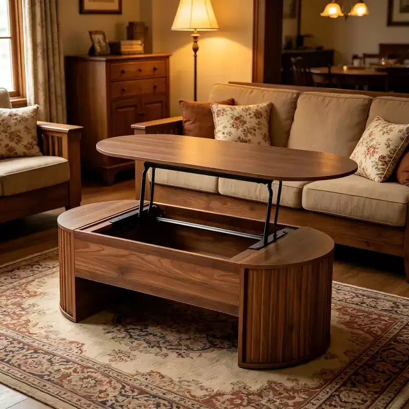 Table basse relevable de 120 cm avec compartiment de rangement caché, ovale, marron